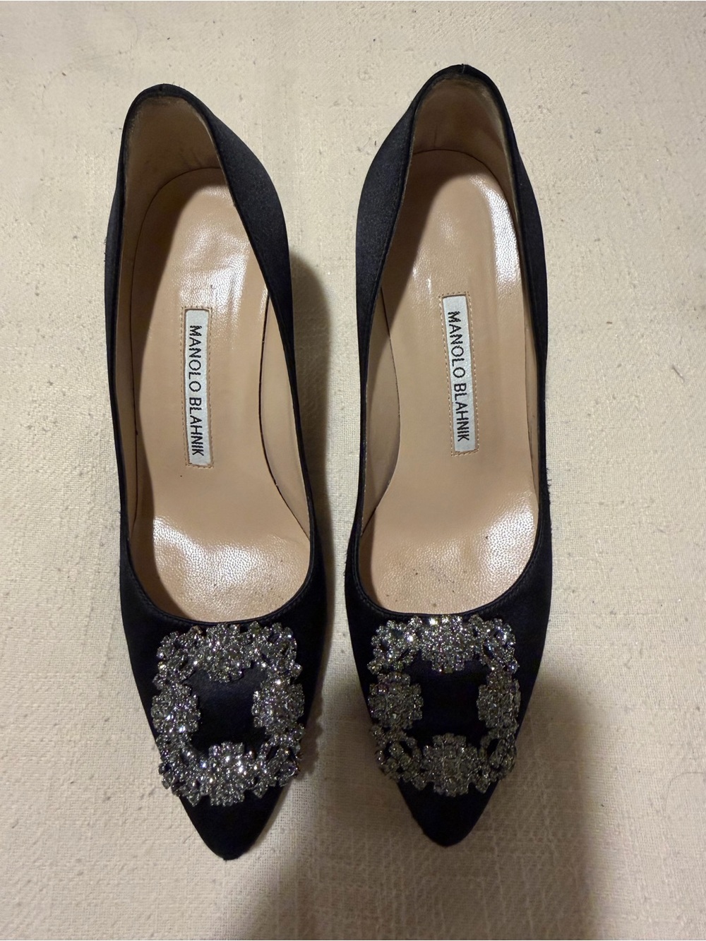 Manolo Blahnik Black Satin Pointed Crystal Buckle Pumps